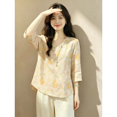 批发优雅休闲<b class='q'>长袖</b>2026中式田园风印花<b class='q'>衬衫</b>女夏V领七分袖宽松减龄上衣