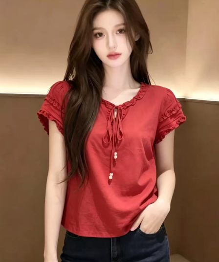 빨간색 프릴 V넥 반팔 셔츠 여자 2026 새로운 여름 프랑스식 맨위
