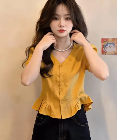 황색 거품 소매 V넥 반팔 여성 셔츠 여름 작은 셔츠 맨위