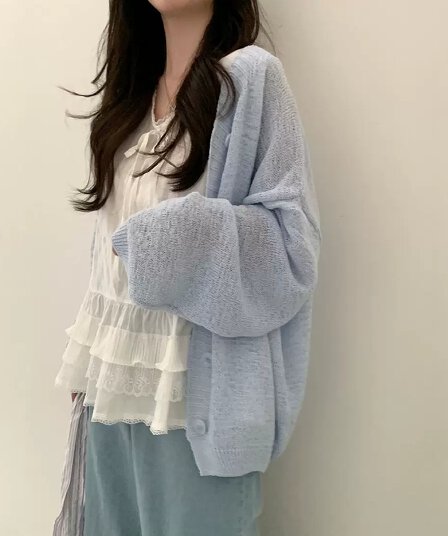한국 chic 느긋한 루즈핏 얇은 코트 새로운 긴팔 자외선 차단 니트 오픈 가디건 맨위 여성