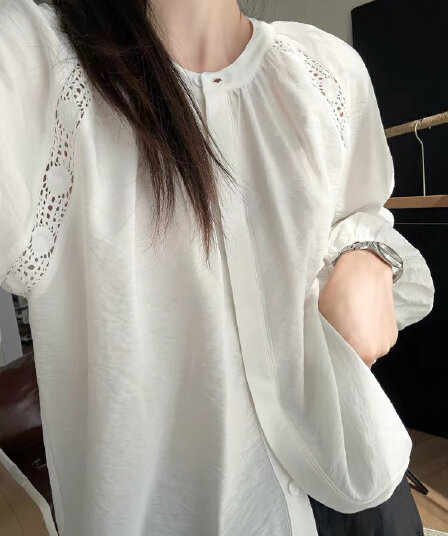 뽕나무 누에 실크 건조한 실크 부드러운 바람 라운드 넥 주름 레이스 패치워크 디자인 센스 7부 소매 셔츠 맨위 작은 셔츠