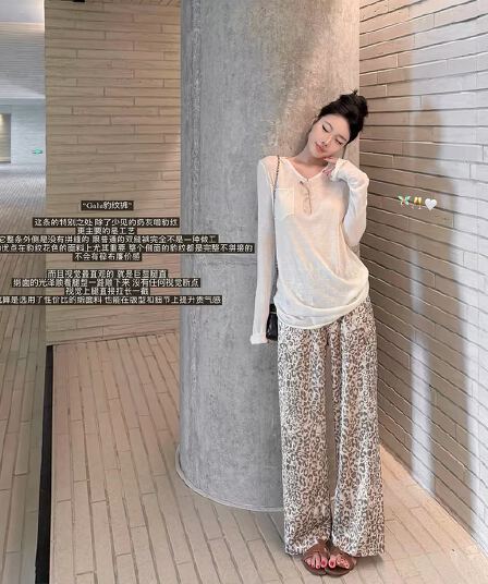 laareetoo gala 레오파드 무늬 바지 여성 루즈핏 슬림해 보이는 스트레이트 캐주얼 바지 여름 다용도 넓은 다리 바닥 청소 바지
