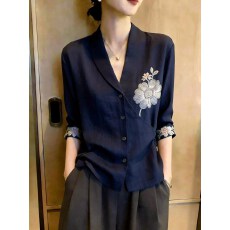 批发2026年<b class='q'>夏</b>季新品女装藏蓝色上衣系带印花修身显瘦百搭舒适中式短袖