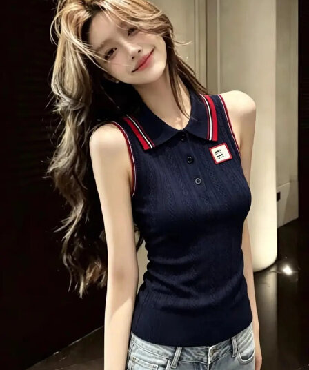 der mond 순수한 욕망 바람 홀로우 아웃 꽈배기 POLO 칼라 니트 조끼 여성 여름 화이트 몸매 가꾸기 민소매 맨위