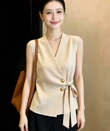빛 럭셔리 센스 V넥 민소매 도트 무늬 조끼 여자 허리 수축 작은 셔츠 2026 새로운 여름 외출용 레이스업 조끼 맨위