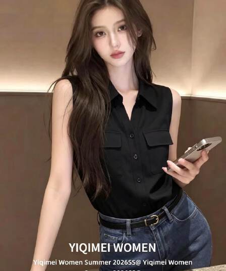 POLO 칼라 민소매 여성 셔츠 여름 고급 센스 검정색 베스트 조끼 맨위