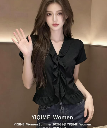 검정색 V넥 반팔 여성 셔츠 여름 맨위 셔츠