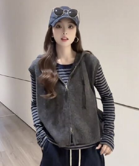 한 부서 패션 느긋한 다용도 기본 셔츠 긴팔 스트라이프 티셔츠 니트 스택 착용 후드 베스트 재킷 투피스 세트