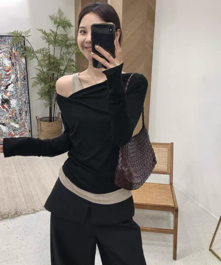 풀 객실 미 건강 빛 럭셔리 익스트림 제인 주간 실크 가을 페이크 레이어드 패션 슬림해 보이는 비스듬한 어깨 오프숄더 맨위