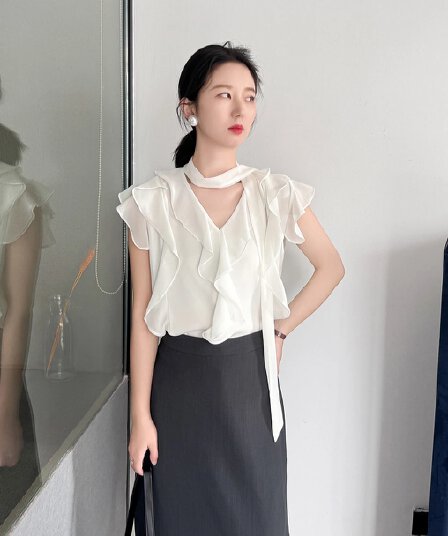 쉬폰 톱 여성용 짧은 소매 품격 경력 V넥 리본 여름 V넥 리본 쉬폰 톱