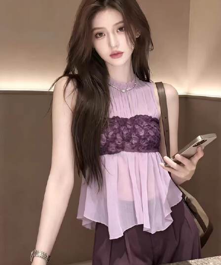 배색 레이스 조각 민소매 여성 셔츠 여름 2026 새로운 맨위