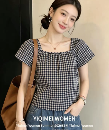 체크무늬 광장 칼라 반팔 셔츠 여자 여름 맨위 셔츠