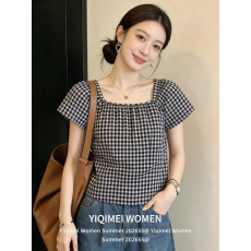 批发格子方领短袖衬衫女款夏季上衣衬衣