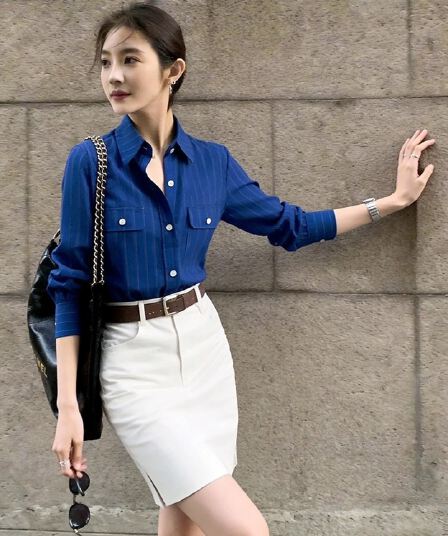 디자인 센스 작은 대중 고유 한 Chic 아름다운 톰 글 래 원인 블루 POLO 칼라 긴팔 셔츠 화이트 반신 스커트 착용 가져 가라. 여성