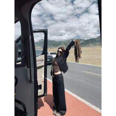 작은 6 월 6 월 브리트니 8 7 새로운 레트로 원본 암소 거리 밖 날카로운 무기 배색 데님 재킷 바지