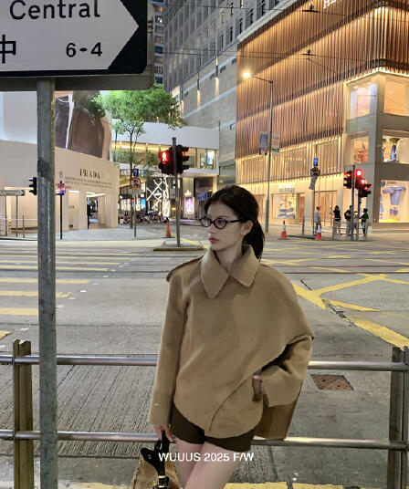 wuuus 그레이스 가을 겨울 분위기 나만의 것을 가져와 라. 숄 양면 양모 여성 코트 검정색 쇼트 스타일 코트