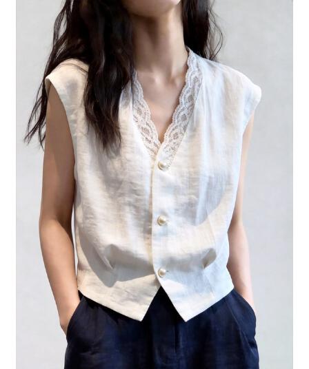 빛 요리 한 미니멀리즘 바람 화이트 민소매 조끼 여자 레이스 측면 싱글 줄 버튼 슬림해 보이는 출퇴근 맨위 2026 여름 새로운