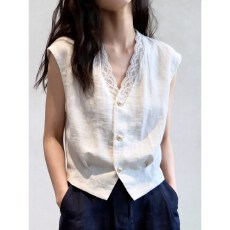 批发<b class='q'>轻熟</b>简约风白色无袖马甲女蕾丝边单排扣显瘦通勤上衣2026夏季新款