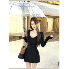 批发Mejiu蜜九波纹柔糯纯欲针织毛衣连衣裙女秋<b class='q'>冬</b>温柔收腰显瘦A字礼裙