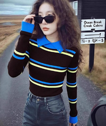 레트로 배색 스트라이프 POLO 칼라 스웨터 기본 셔츠 여성 인사이드 가져 가라. 가을 2026 새로운 수리 고급 센스 맨위