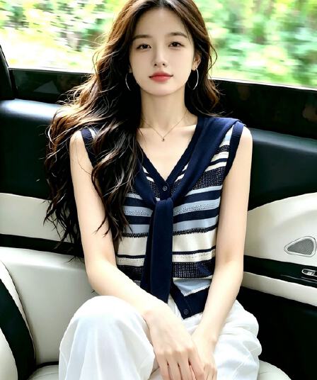 고급 빛 럭셔리 센스 외출용 배색 스트라이프 레이스업 옷 여성 2026 년 여름 섹션 카드 홀로우 아웃 니트 조끼 슬립