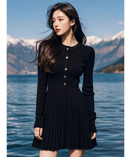 유럽 역 그는 벤 바람 작은 검은 드레스 품격 퍼프 플리츠 니트 스웨터 드레스 가을 겨울 작은 키 기본 스커트
