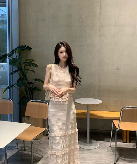 이른 가을 한국 무거운 작업 천 금빛 바람 프릴 패치워크 니트 인사이드 가져 가라. 드레스 복장 작은 샤넬 스타일 롱 코트 롱 스커트