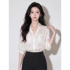 批发七分袖V领雪纺衬衫女夏季法式独特漂亮巨好看别致上衣