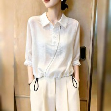 批发2026夏季新款白色翻领拉链抽绳上衣女宽松慵懒风百搭舒适大码内搭