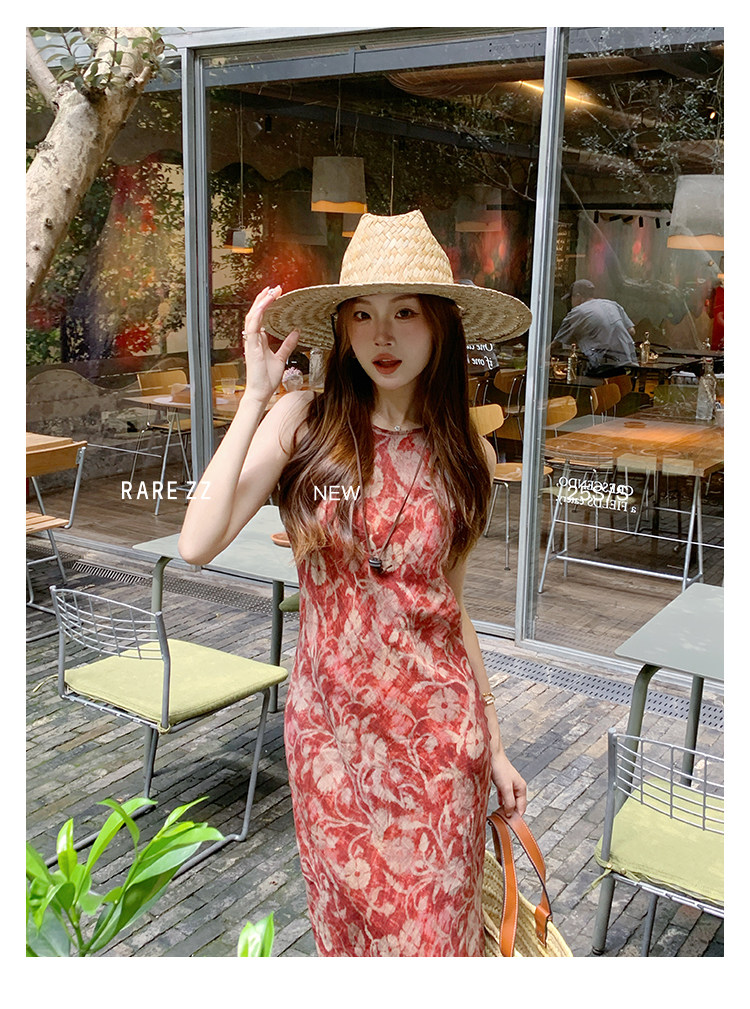 RY8015# 法式复古印花修身显瘦背心连衣裙女夏季新款高级感修身显瘦长裙子