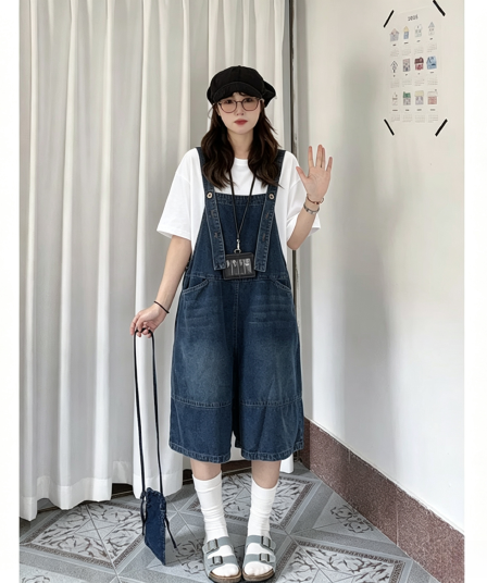 레트로 파란색 7 점 데님 멜빵 바지 세트 여성 2026 여름 새로운 작은 키 게으른 바람 와이드 레깅스 바지