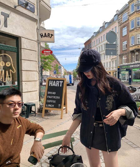 여름 시 면 사선 무늬 무거운 작업 꽃무늬 자수 원색 데님 여성 코트 이른 가을 스탠드 칼라 가을 어깨 의류