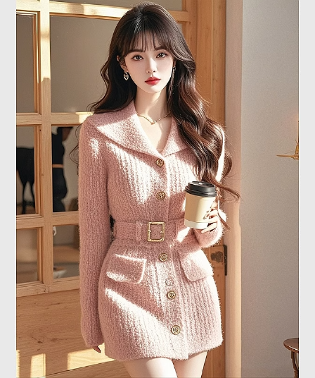 작은 샤넬 스타일 핑크색 니트 드레스 아이들 겨울 고급 센스 명문 여성 빛 럭셔리 허리 수축 프랑스식 품격 스웨터 드레스