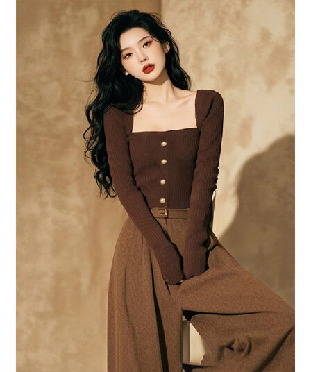 가을 겨울 Chic 달콤한 핫걸 광장 칼라 쇄골 스웨터 니트 기본 셔츠 여성 인사이드 가져 가라. 디자인 센스 몸매 가꾸기 긴팔 맨위