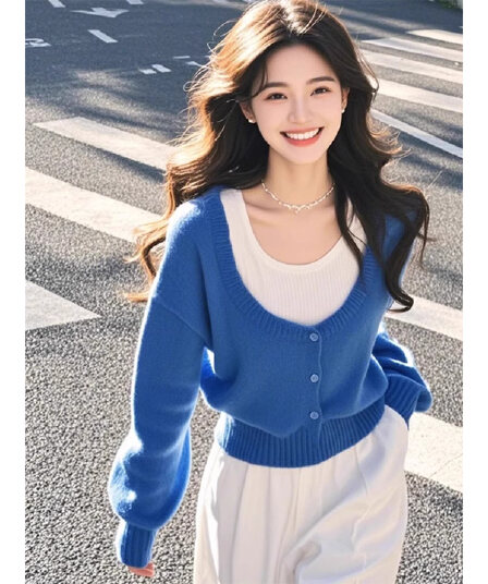 외국 가스 연령 감소 페이크 레이어드 파란색 맨위 여성 가을 새로운 긴팔 니트 스웨터 올해 인기 ~ 중 아름다운 작은 셔츠