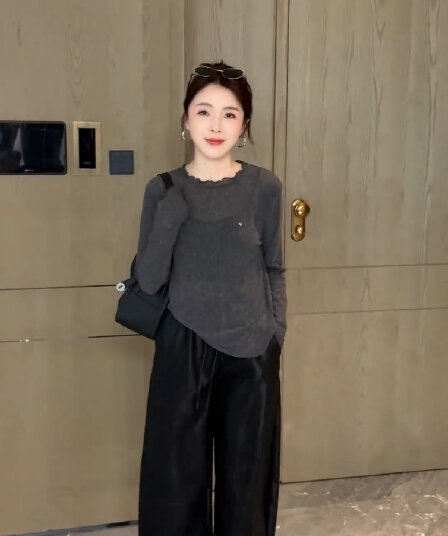 희 만 웨이 5 가을 새로운 한국 스타일 느긋한 바람 펌프 로프 허리밴드 루즈핏 다용도 pu 가죽 바지