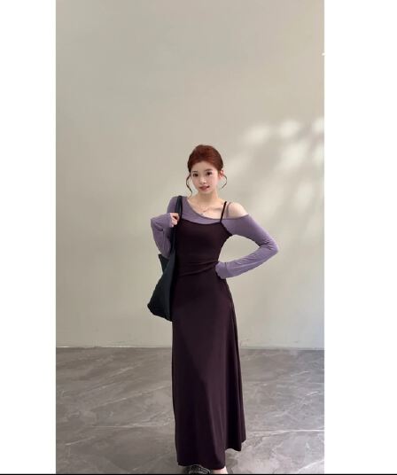 노래 송 이른 가을 새로운 작은 대중 배색 허리 수축 슬림해 보이는 품격 페이크 레이어드 긴팔 슬립 드레스