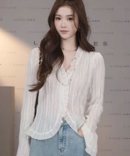 꿈 에덴 질감 센스 주름 슬림해 보이는 싱글 줄 버튼 프랑스식 품격 긴팔 오픈 가디건