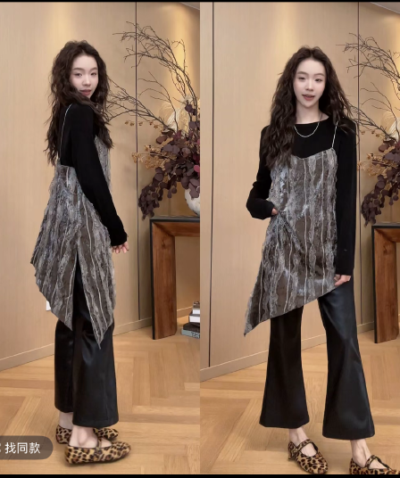 벨벳 자수 슬립 드레스 2026 이른 봄 새로운 다용도 캐주얼 드레스 기본 셔츠 가죽 바지 3종 세트 세트