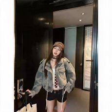 批发机车风复古水洗重工抽绳POLO领牛仔外套女<b class='q'>秋</b>新款百搭宽松外搭上衣