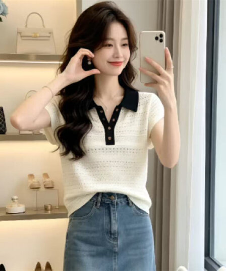 여름 새로운 한 부서 패션 품격 고급 슬림해 보이는 폴로 칼라 반팔 니트 티셔츠 홀로우 아웃 맨위 여성 의류 폭발