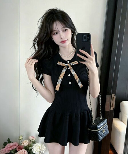영국식 학원 스타일 POLO 칼라 나비 매듭 니트 여성 드레스 여름 화이트 반팔 달콤함 천 금빛 바람 미니 스커트
