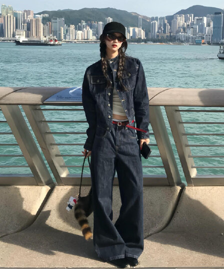 레트로 데님 세트 여성 가을 투피스 세트 하이웨이스트 긴 바지 허리 수축 재킷 자이언트 잘 생긴 ~ 중 착용 가져 가라. 전체 집합