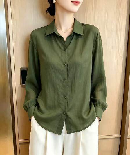 녹색 면 린넨 셔츠 여성 긴팔 가을 새로운 루즈핏 캐주얼 셔츠 폴로 칼라 스택 착용 재킷 맨위