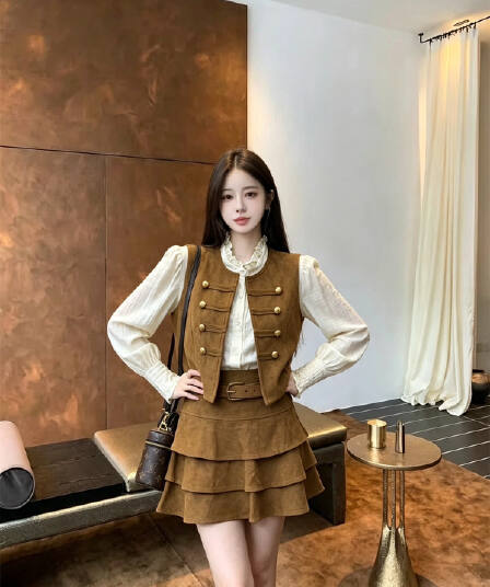 26 섹션 가을 켜기 새로운 한 부서 품격 나폴레옹 레트로 스웨이드 원단 3종 세트 베스트 셔츠 하이웨이스트 케이크 드레스