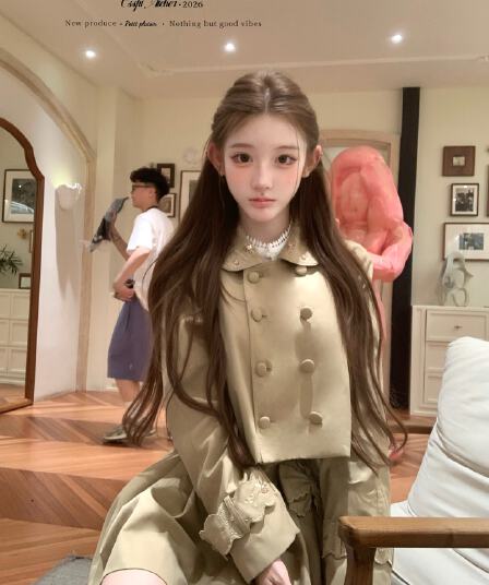늦게 우산 우산 26 ss 질감 어형 변화표 자수 칼라 이중 버튼 짧은 재킷 재킷 자수 나비 매듭 반 스커트