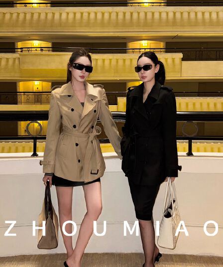 주 淼 zhoumiao 바람막이 왕 고대 조기 한 부서 폴로 칼라 이중 버튼 바람막이 쇼트 스타일 품격 여성 코트