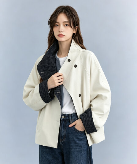 양면 웨어러블 배색 레트로 체크무늬 와 성별 가을 어깨 뒤집다 스탠드 칼라 짧은 바람막이 여성 코트