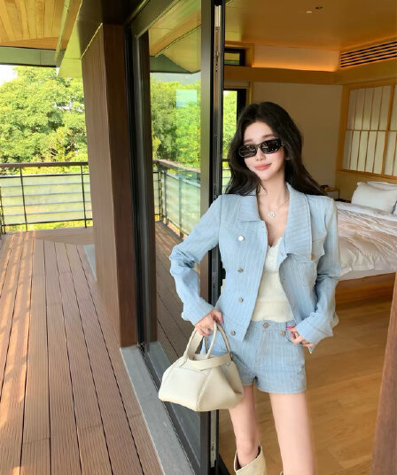 barb chill 지능 느슨함 2.0 酵素 데님 세트 여성 가을 짧은 외투 반바지 투피스 세트