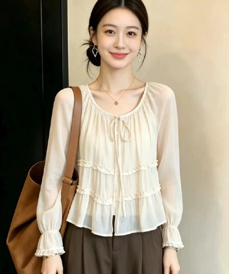 여름 디자인 센스 여성 패치워크 프릴 Chic 매우 요정 ~ 중 셔츠 맨위 작은 셔츠